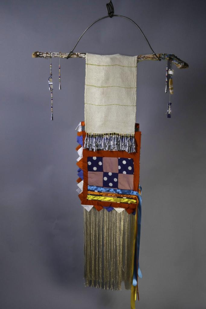 Shawl Meeting Between My Grandparents, 2025 — Cotton, silk, wood, metal, ledger paper