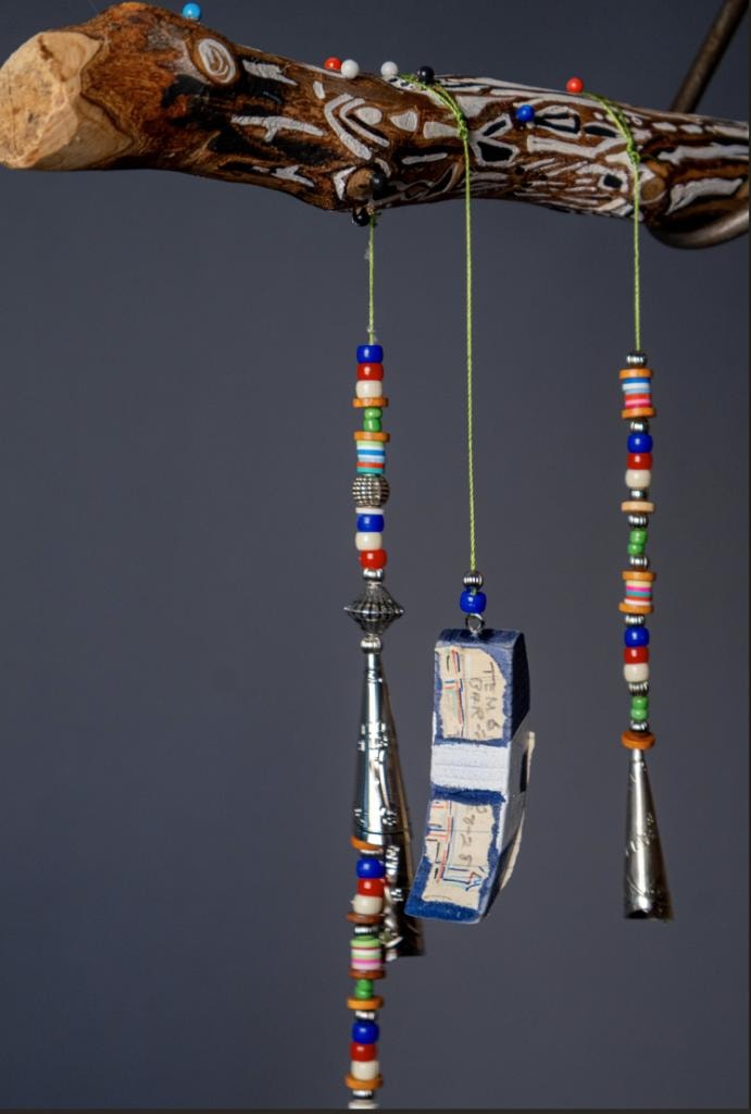 Shawl Meeting Between My Grandparents — detail, 2025 — Cotton, silk, wood, metal, ledger paper
