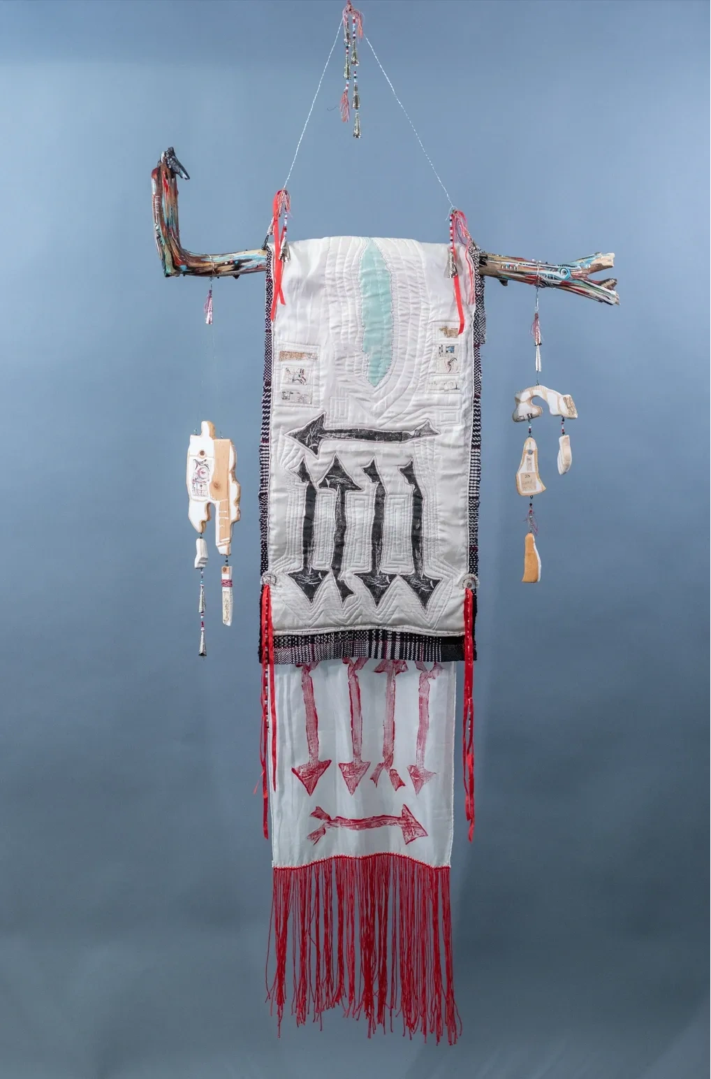 "Trail Shawl", 2024 — 6' Wood, paint, pins, beads, yarn, fabric, thread, printmaking, wire, metal